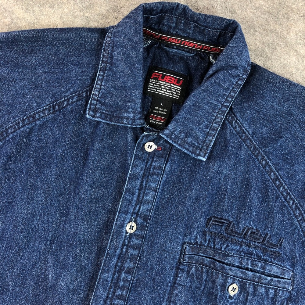 FUBU Mens L Blue Denim Short Sleeve Button Up Shirt